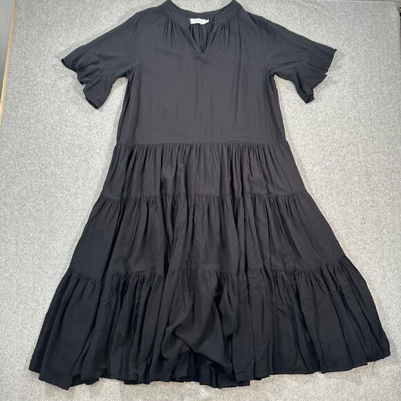Petal + Pup Black Tiered Midi Dress Women's Small V-Neck Short Ruffle Sleeve - Picture 1 of 8